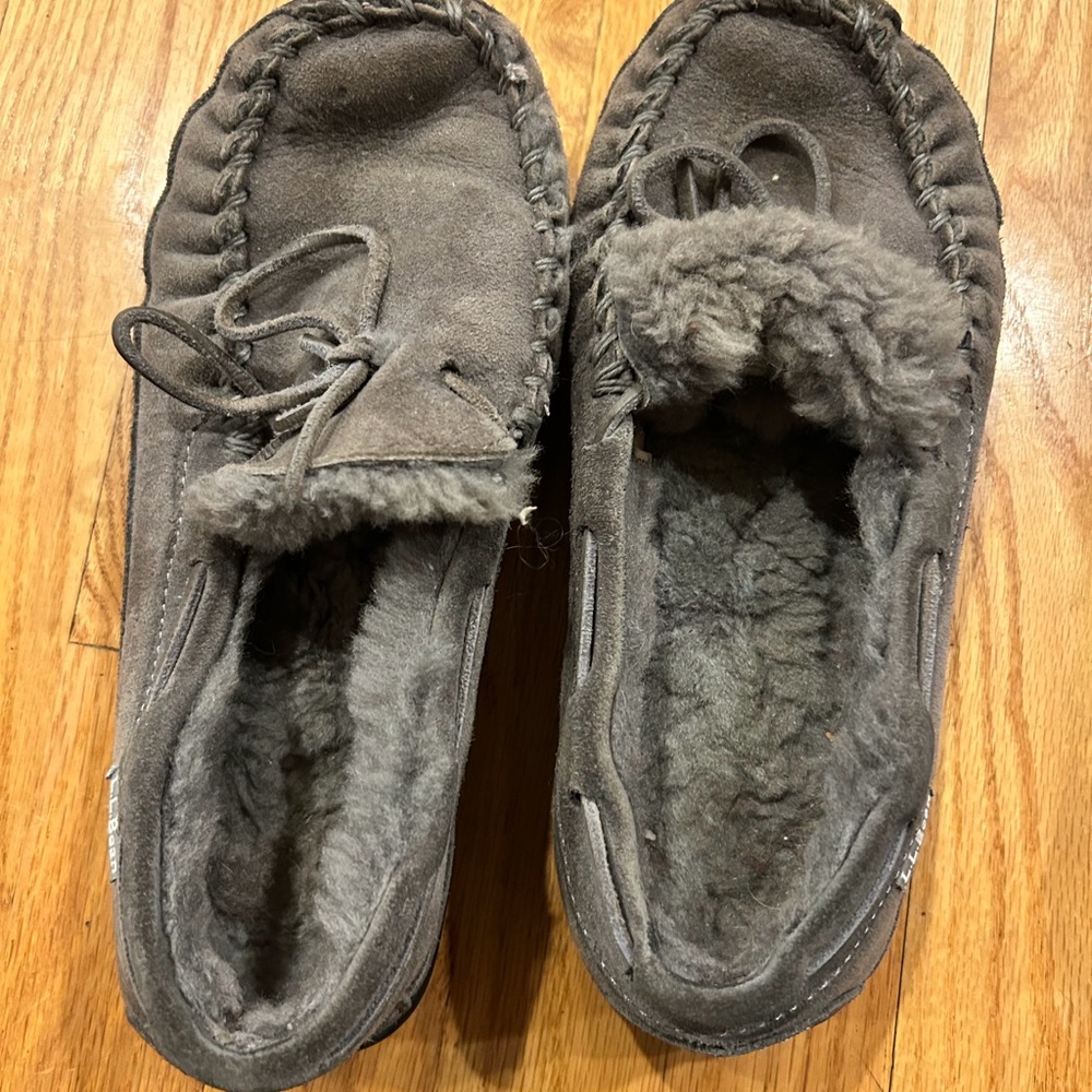 L.L. Bean Women's Gray Suede Shearling Moccasin Slippers